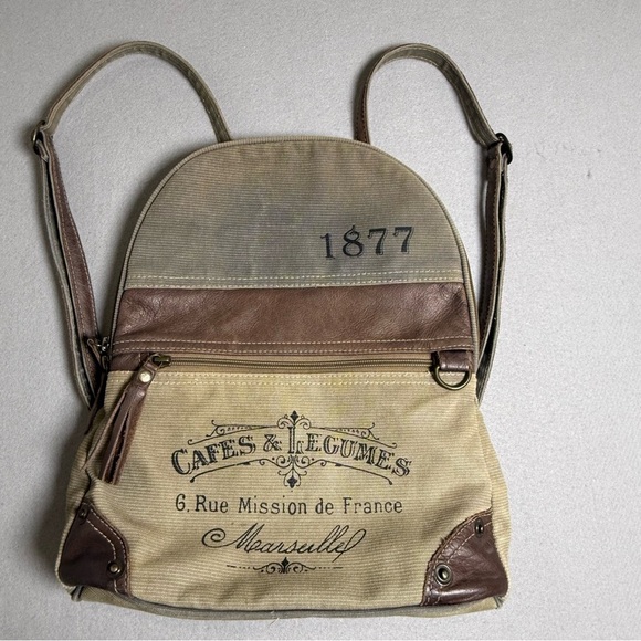 Myra Backpack Bag S-4450 France Cafes Canvas Upcycled Green Gray Brown 1877 main image 10